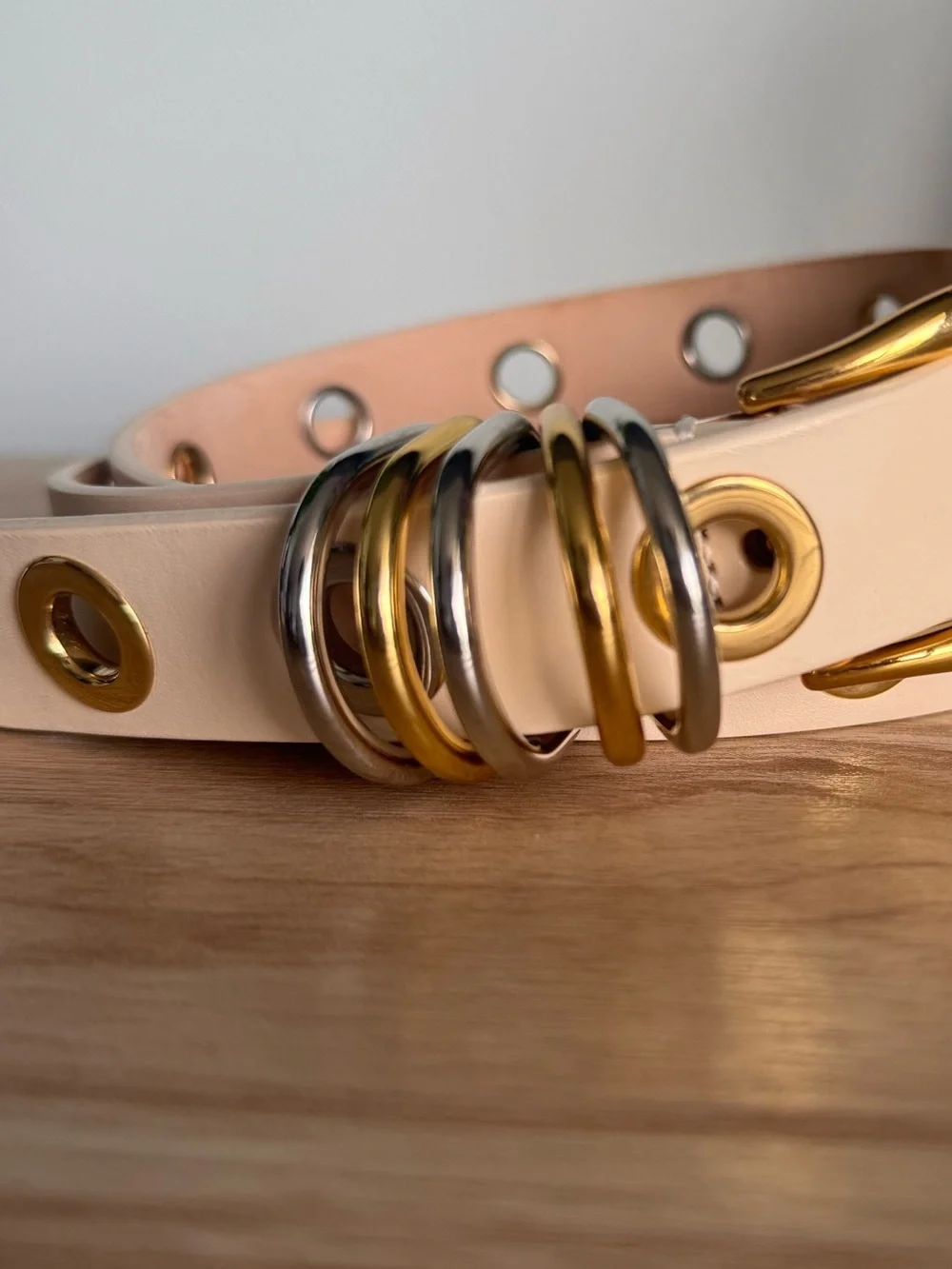 Women's Cream Grommet Belt with Mixed Metal Hardware